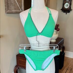 Retro Green Polka Dot Bikini Set Green White Top Bottoms